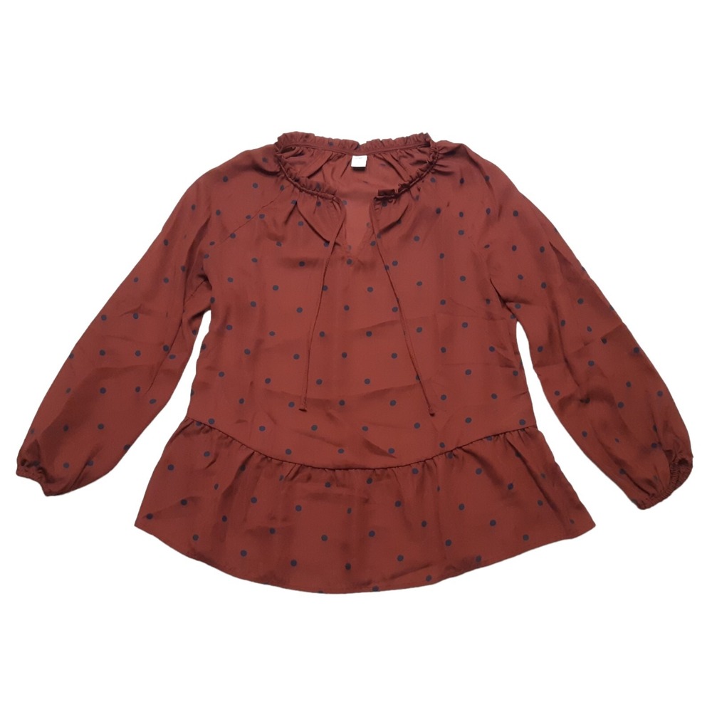 Old Navy Blouse Womens Small Burgundy Red Polka Dot Peplum Long Sleeve‎ Tie Neck